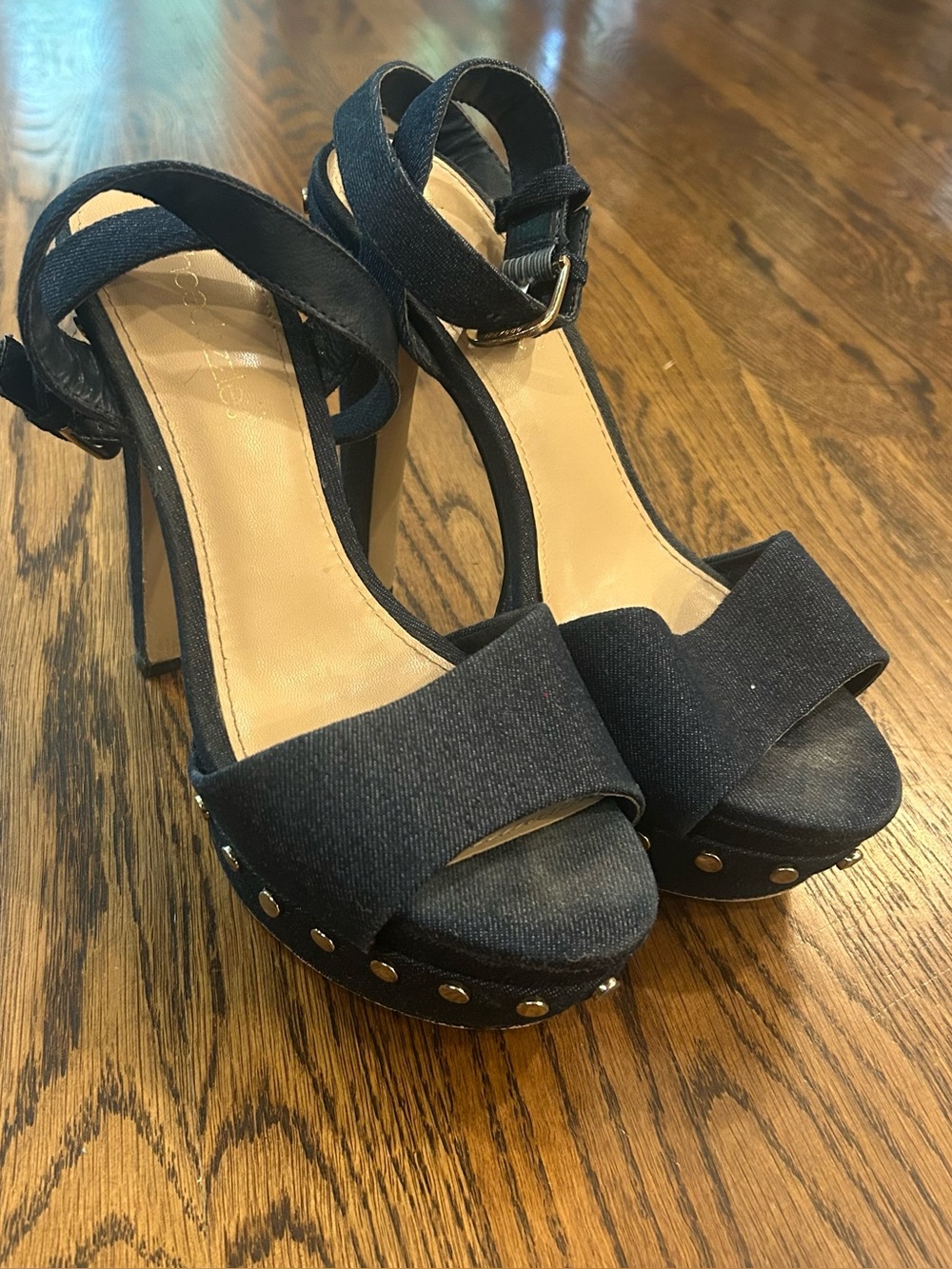 ShoeDazzle Alana Dark Denim Studded Platform Stiletto Heels - Size 8